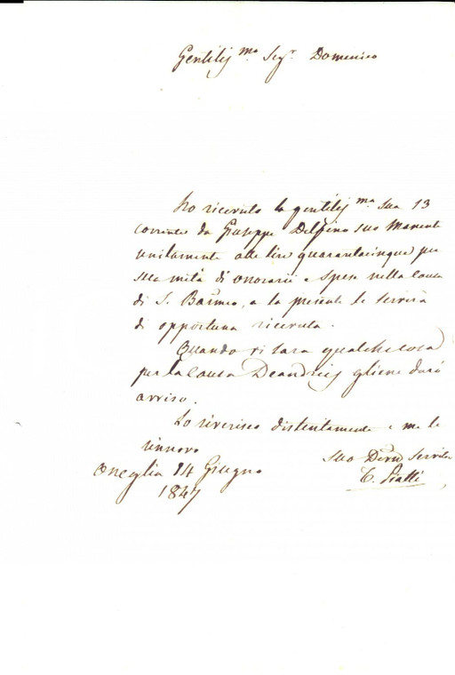 1847 ONEGLIA Lettera avvocato Tommaso PIATTI per ricevuta del proprio onorario