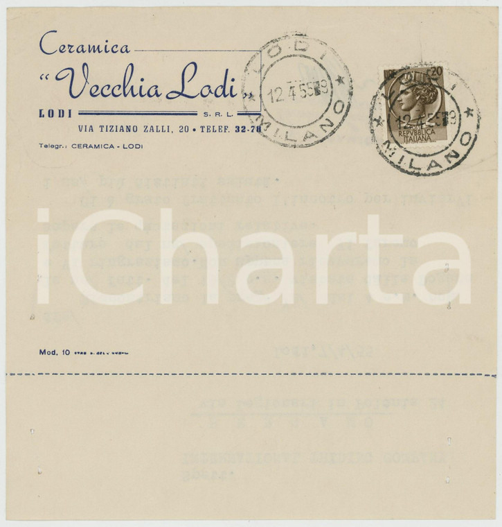 1955 LODI Ceramica VECCHIA LODI *Cartolina postale intestata FG VG