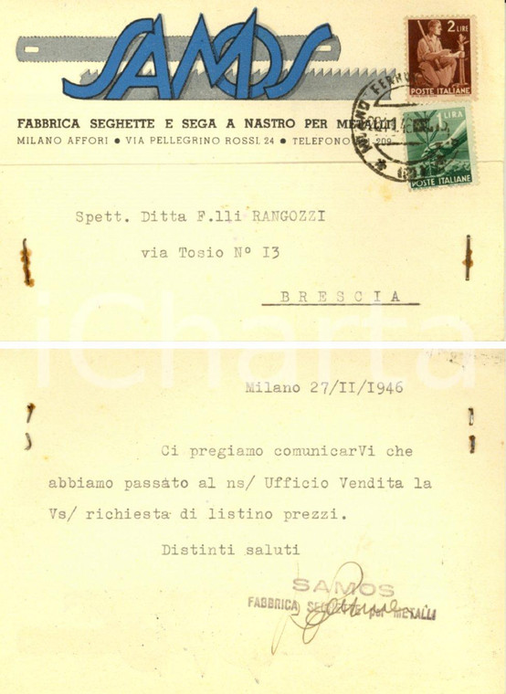 1946 MILANO Ditta SAMOSFabbrica seghette e seghe a nastro *Intestata FG VG