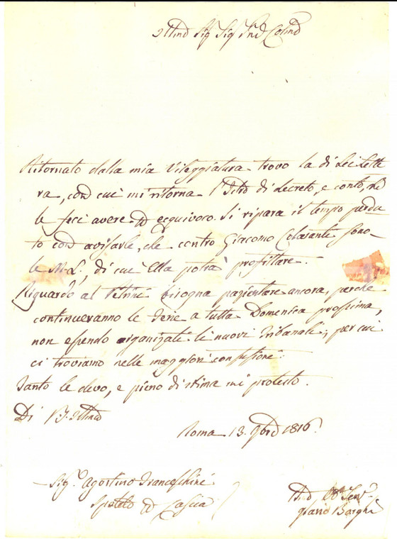 1816 ROMA Procuratore Ilario BORGHI nella confusione dei tribunali *Lettera