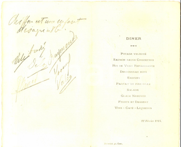 1914 CAEN (F) Menù di una cena con firme dei commensali *VINTAGE