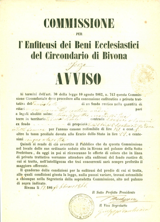 1866 BIVONA (AG) Affitto fondo rustico Chiesa SANT'ANTONIO da PADOVA Manifestino