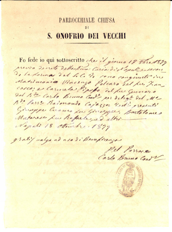 1877 NAPOLI SANT'ONOFRIO DEI VECCHI Nozze Vincenzo POLCARO e Caterina PIPOLO