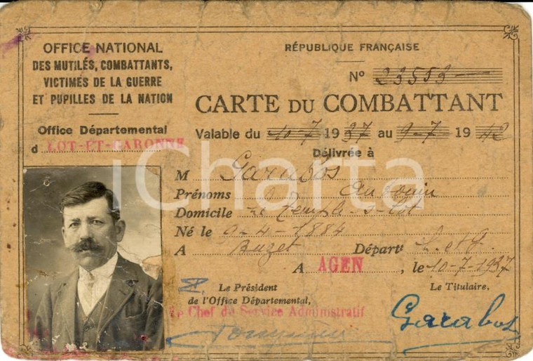 1937 AGEN (F) Antonin GARABOS Carte combattant con FOTO
