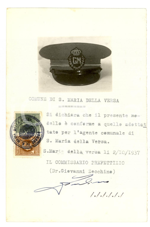 1937 S. MARIA DELLA VERSA Copricapo Guardia Municipale