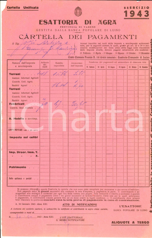 1943 RSI AGRA (VA) Cartella dei pagamenti per terreni -Banca popolare LUINO