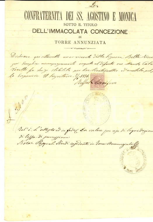 1891 TORRE ANNUNZIATA Confraternita SS. AGOSTINO E MONICA Esequie TORELLI