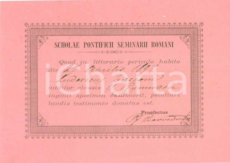 1897 ROMA Attestato di lode per Ludovico TACCONI Pontificio Seminario Romano