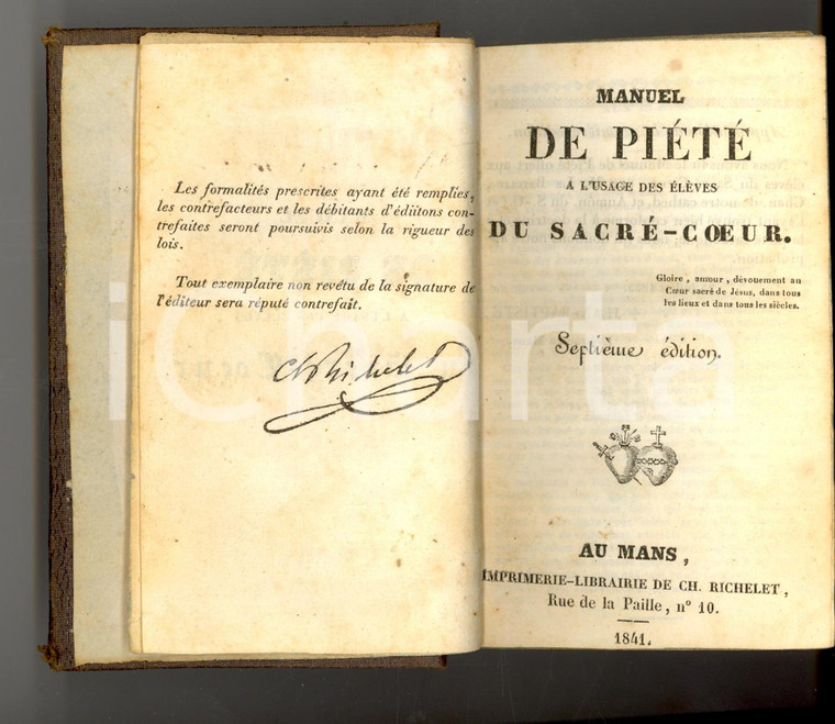 1841 AU MANS Manuel de piété, a l'usage des élèves du Sacré-Coeur Ed. RICHELET