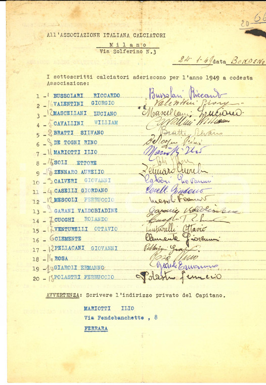 1949 BONDENO (FE) CALCIO Iscrizione calciatori BONDENESE all'AIC *Autografi