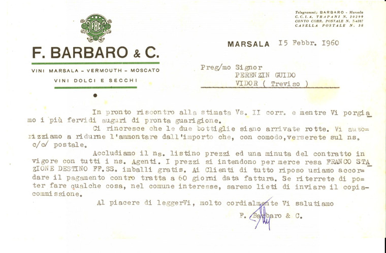 1960 MARSALA (TP) F. BARBARO & C vini marsala e vermouth *Lettera commerciale