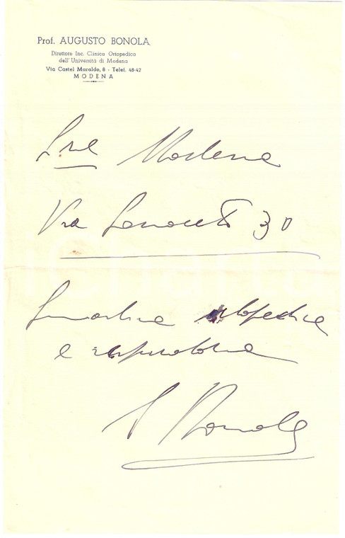 1950 ca MODENA Prof. Augusto BONOLA - appunti su carta intestata *AUTOGRAFO