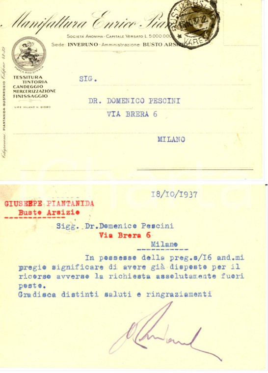 1937 BUSTO ARSIZIO (VA) Manifattura Enrico PIANTANIDA *Cartolina intestata FG VG