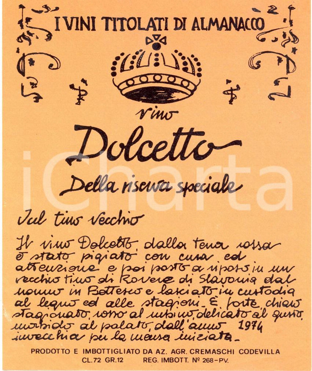 1970 ca SANTO STEFANO BELBO (CN) Vino DOLCETTO Riserva speciale *ILLUSTRATA