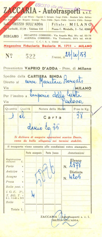 1953 TREZZO SULL'ADDA (MI) Autotrasporti ZACCARIA per fornitura carta *Fattura