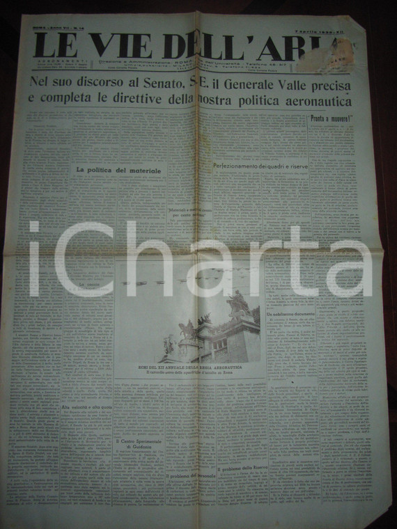 1935 VIE DELL'ARIA Giuseppe VALLE e la nuova politica AERONAUTICA *Giornale