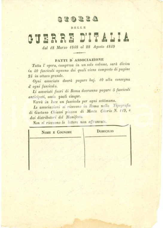 1850 ROMA Editore Gaetano CHIASSI pubblicizza Storia delle Guerre d'ITALIA