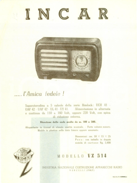 1950 ca VERCELLI Industria Nazionale Apparecchi Radio INCAR Volantino ILLUSTRATO