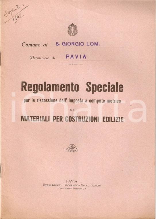 1936 SAN GIORGIO DI LOMELLINA (PV) Regolamento Imposta materiali edili *Libretto