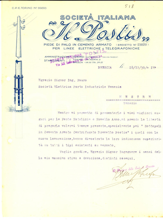 1930 BRESCIA IL POSTIS Piede di palo in cemento armato *Lettera pubblicitaria