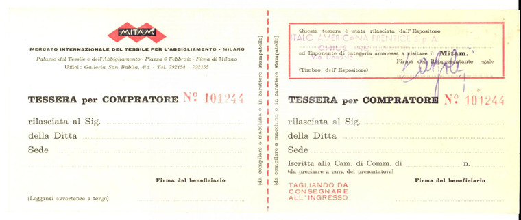 1950 MILANO MITAM - Tessera compratore PRENTICE Spa Chiusure lampo