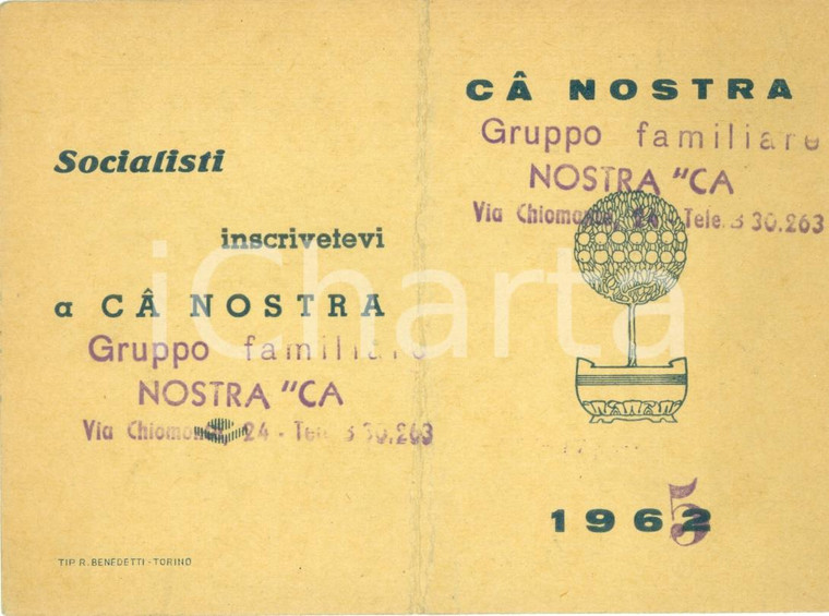 1965 TORINO Gruppo familiare NOSTRA CA' Tessera Lucia BELLOSIO socialismo