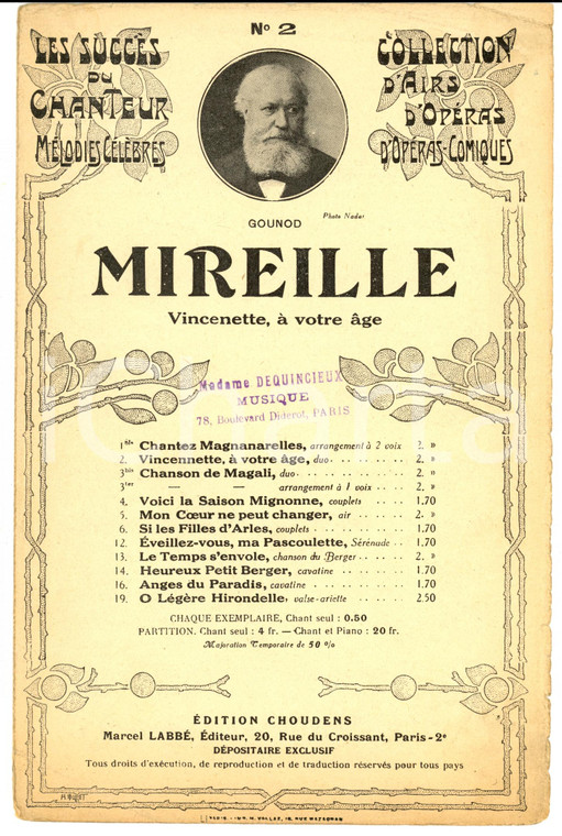 1920 ca Charles GOUNOD Mireille - Vincenette, à votre age *Spartito ed. CHOUDENS