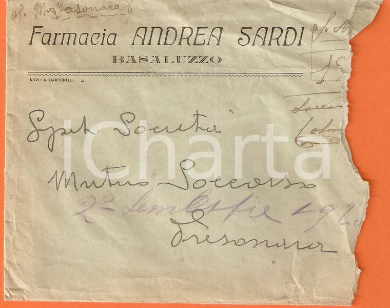 1925 ca BASALUZZO (AL) Farmacia Andrea SARDI *Busta VUOTA
