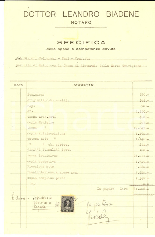 1950 ca TREVISO Notaio Leandro BIADENE Specifica spese e competenze