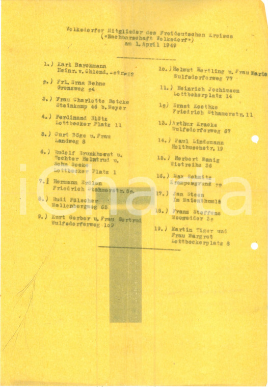 1949 HAMBURG VOLKSDORF Lista dei membri della FREIDEUTSCHE KREIS *Documento