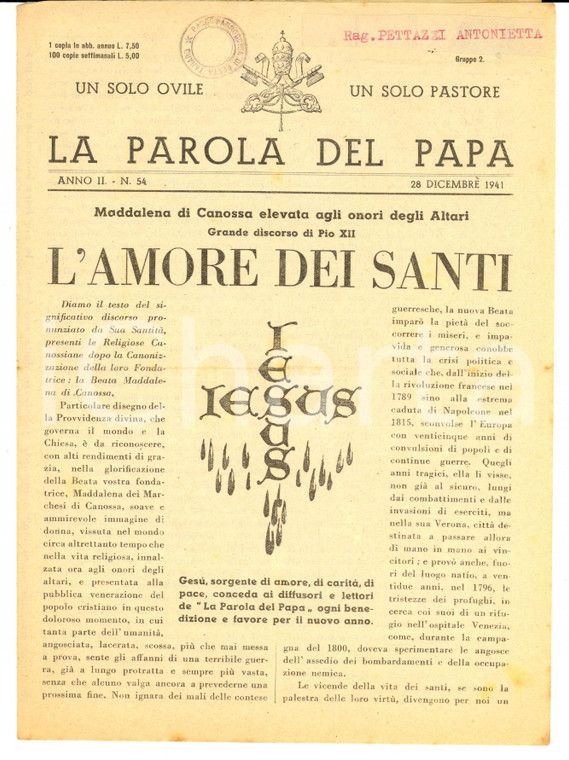 1941 LA PAROLA DEL PAPA Maddalena di Canossa elevata agli altari *Anno II n°54