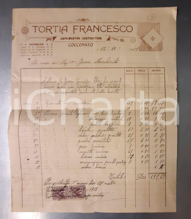 1913 COCCONATO (AT) Francesco TORTIA Riparazione tetto Casa FERRERO *Fattura