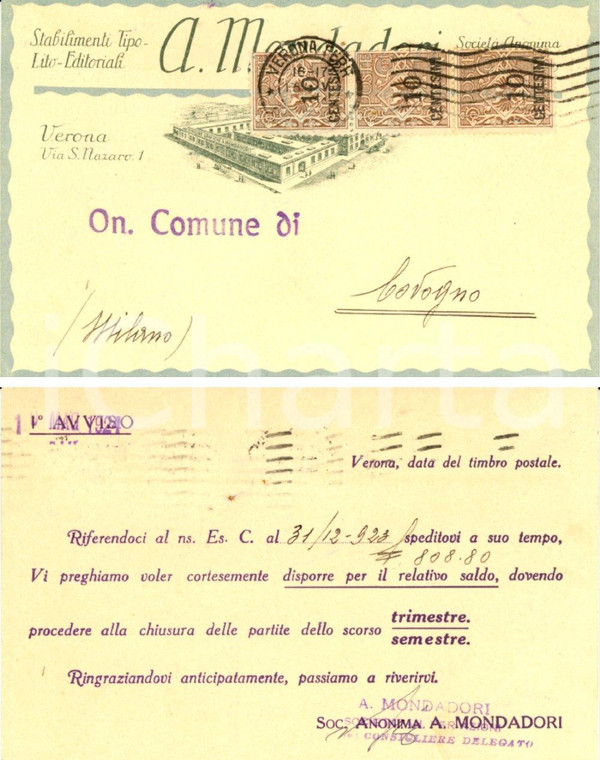 1924 VERONA Società anonima ARNOLDO MONDADORI richiesta saldo *Cartolina FP VG