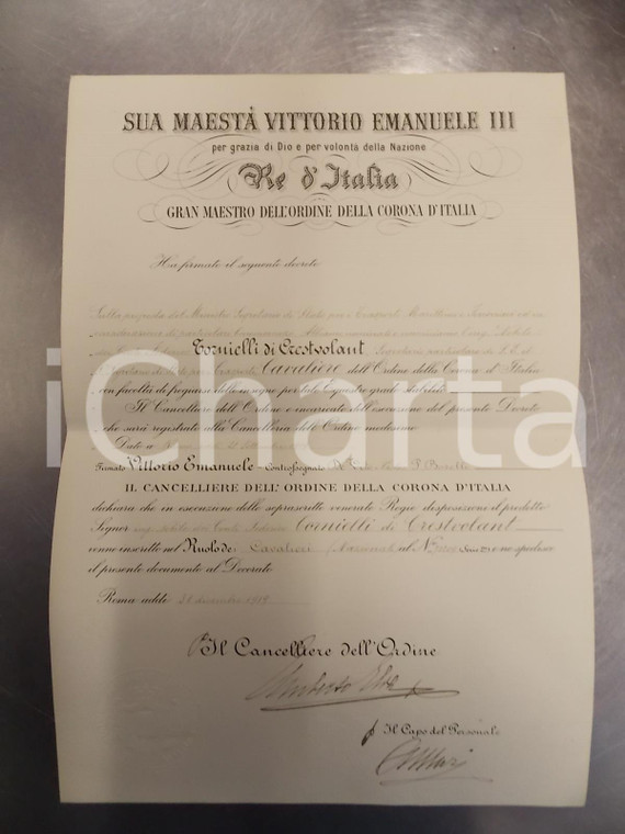 1919 ROMA Nomina Federico TORNIELLI Cavaliere Ordine della CORONA D'ITALIA