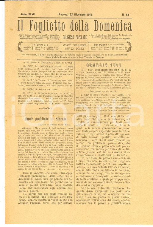 1914 PADOVA IL FOGLIETTO DELLA DOMENICA Morte ten. Ernesto PSICHARI *Giornale 