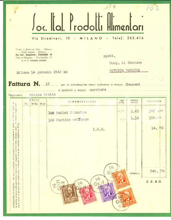 1942 MILANO Società Italiana Prodotti Alimentari *Fattura intestata per budini
