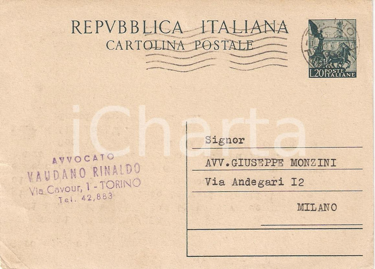 1952 TORINO Avvocato Rinaldo VAUDANO Cartolina intestata con autografo FG VG