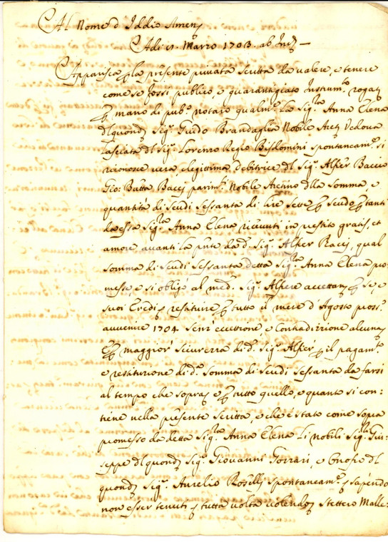 1703 AREZZO Anna Elena BRANDAGLIA debitrice di Giovanni Battista BACCI 8 pp.