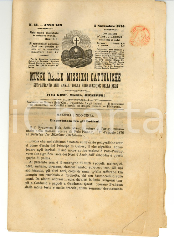 1876 TORINO Museo delle MISSIONI CATTOLICHE Anno XIX n° 45 *Periodico
