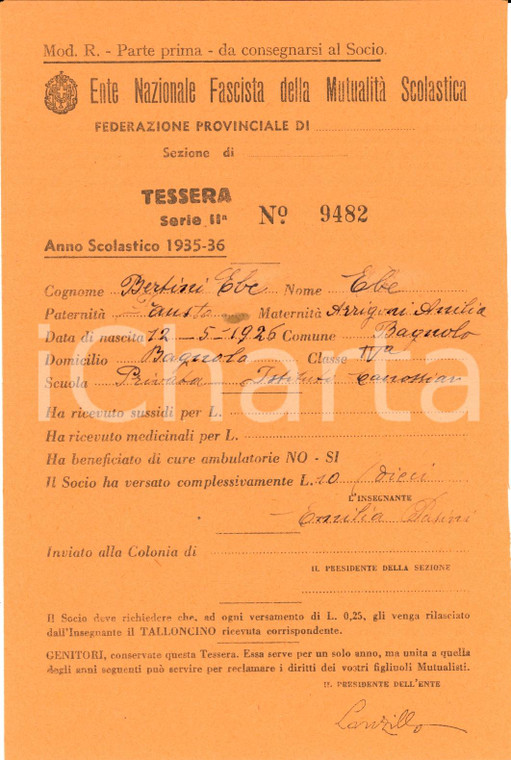 1935 BAGNOLO PIEMONTE (CN) Mutualità scol. Ebe BERTINI