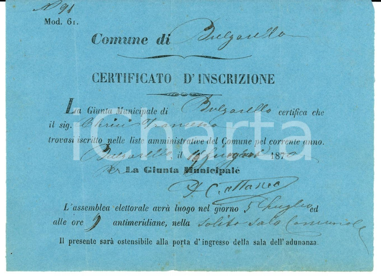 1870 BULGORELLO (CO) Francesco CLERICI liste elettorali