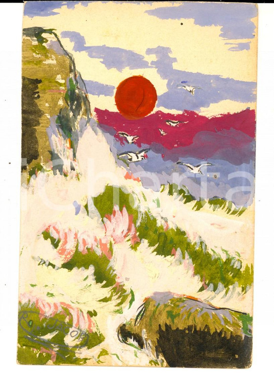 1920 ca FRANCIA R. JACOB Mare in tempesta al tramonto *Cartolina DIPINTA A MANO
