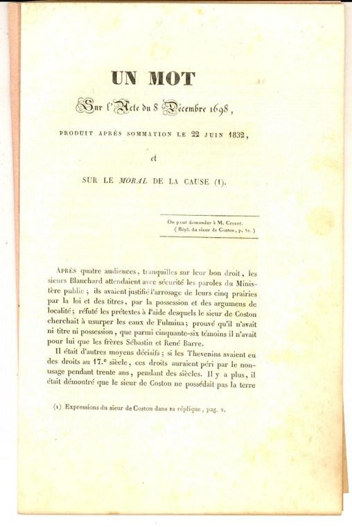 1832 GRENOBLE Un mot sur l'acte du 8 décembre 1698 - Cause BLANCHARD 16 pp.