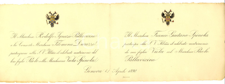 1890 GENOVA Nozze marchesi Paolo PALLAVICINO e Viola SPINOLA *Partecipazione