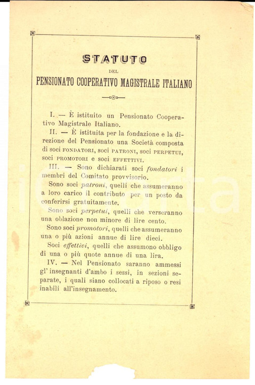 1892 TORINO Statuto del pensionato cooperativo magistrale italiano *Documento