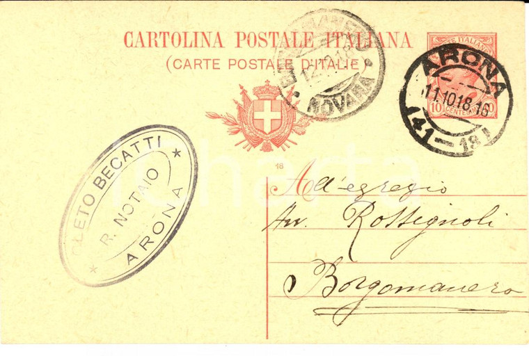 1916 ARONA (NO) Notaio Cleto BECATTI all'avv. ROSSIGNOLI *Cartolina postale