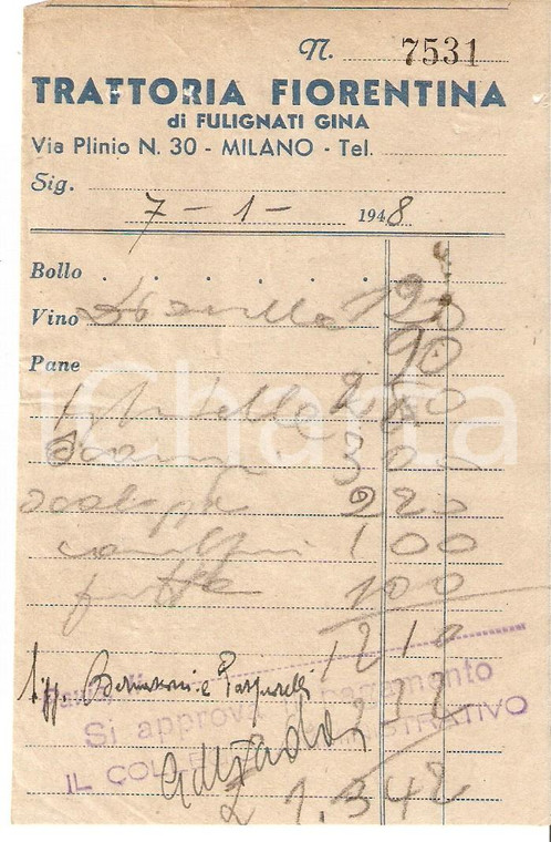 1948 MILANO Trattoria FIORENTINA di Gina FULIGNATI *Fattura 8x13cm