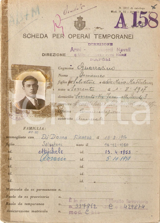 1943 SORRENTO Scheda guardafili Domenico GUARRACINO Direzioni Armi Navali NAPOLI