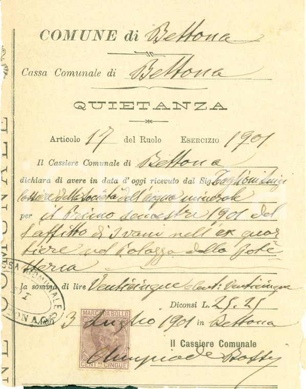1901 BETTONA (PG) Luigi TAGLIONI paga affitto Società Acqua Minerale *Documento