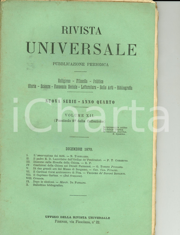 1870 RIVISTA UNIVERSALE Card. CORSI arcivescovo di Pisa *Rivista Anno IV n° 97